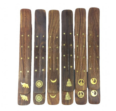 Set of 12 brass inlay incense holders, 10 inches, crafted from Sheesham wood for elegant ash collection and decor.