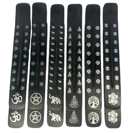 Antique Black 10-inch incense holder set of 12, featuring intricate designs like Elephant, OM, and Buddha, handcrafted from mango wood.