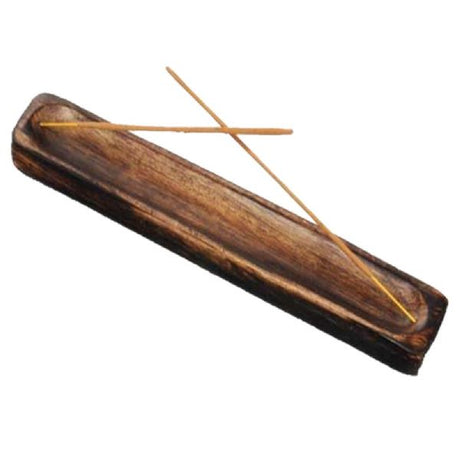 Antique polished wooden incense holder shaped like a boat, 10 inches long, elegantly catching ashes while enhancing decor.