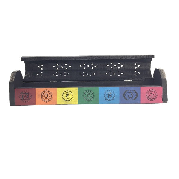 Chakra 12 inch incense holder made of papri wood, featuring intricate design for meditation and aromatherapy.