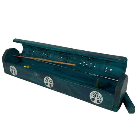 12-inch Green Tree of Life box incense holder in Papri wood, featuring a storage compartment and intricate Tree of Life design.