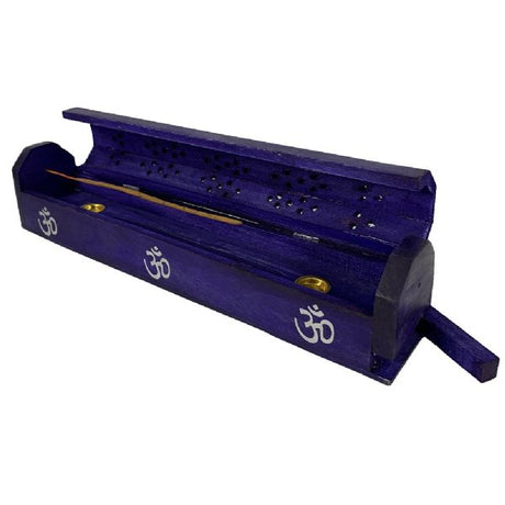 Purple OM Box incense holder, 12 inches, crafted from Papri Wood with sacred OM design and storage for incense sticks and cones.