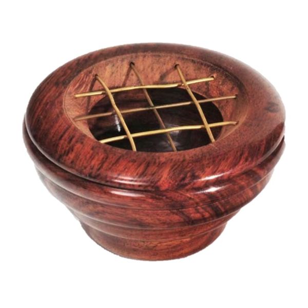 Round Sheesham wood charcoal burner, 4x6 inches, ideal for incense, enhancing decor and promoting relaxation.