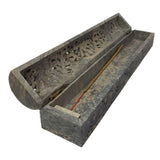 Natural soapstone incense holder measuring 12 inches, perfect for sticks and cones, handcrafted in India with unique patterns.