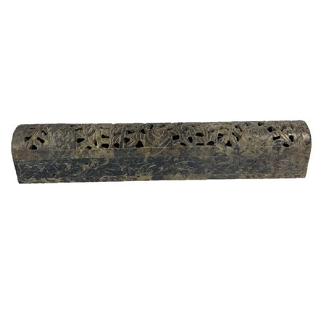 Natural soapstone incense holder, 12 inches long, handcrafted in India, ideal for stick and cone incense, promoting relaxation.