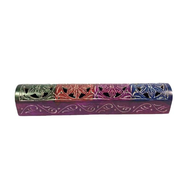 Multi-colored soapstone incense holder, handcrafted design for sticks and cones, adds warmth to meditation spaces.