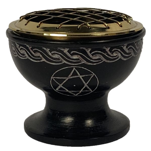 Elegant pentacle soapstone incense holder, handcrafted in India, perfect for spiritual rituals and relaxation.