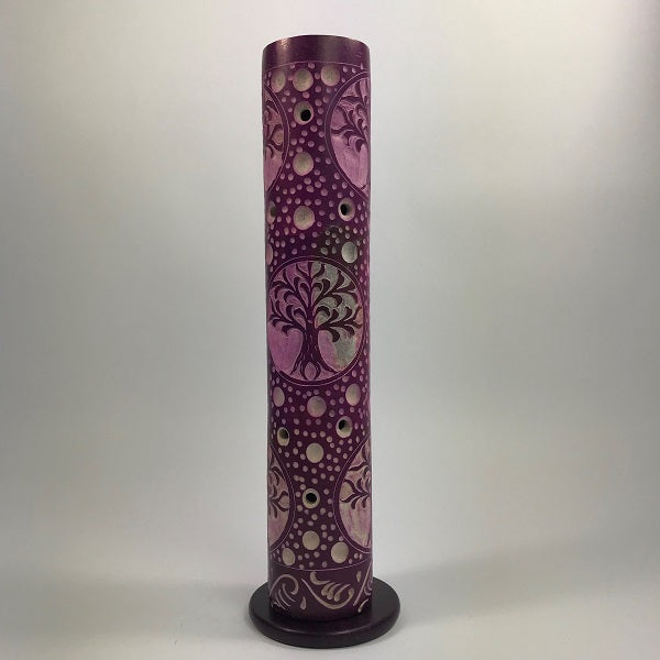 Purple Tree of Life soapstone incense holder tower, 10.5 inches tall, perfect for meditation and creating a calming atmosphere.