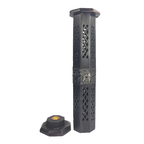 Elegant black elephant incense holder crafted from mango wood, 12-inch tower design for ash collection and serene decor.