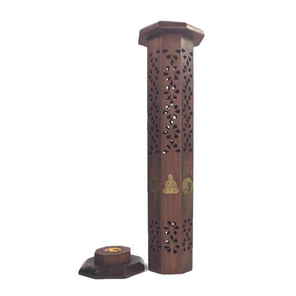 Elegant 12-inch Buddha-Yin Yang incense holder in Sheesham wood, perfect for meditation and enhancing tranquility.