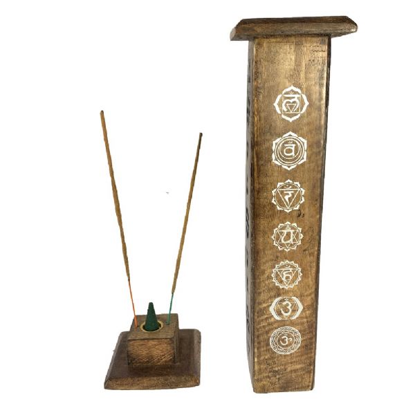 Elegant 12-inch chakra incense tower made of mango wood, featuring multiple holes for incense sticks to promote relaxation.