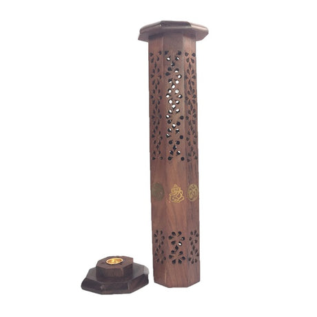 Elegant Ganesh-Om 12-inch incense holder in Sheesham wood, featuring intricate carvings and optimal ash-catching design.