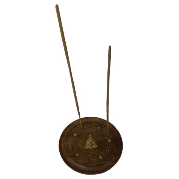 Buddha Round Incense Holder, 4-inch Sheesham wood plate with inlaid brass design for serene meditation and decor.