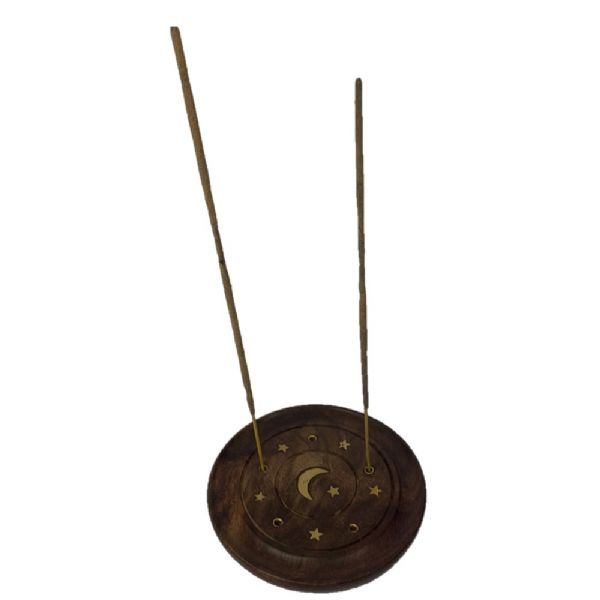 Moon & Star Round Incense Plate, 4 inches, handcrafted in Sheesham wood with intricate brass design for mess-free incense burning.