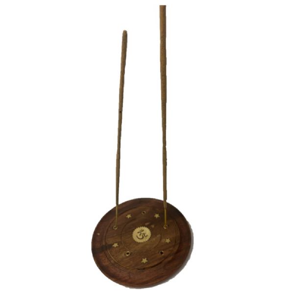 OM Round Incense Plate, 4 inches, handcrafted Sheesham wood with brass inlay, perfect for meditation and relaxation rituals.