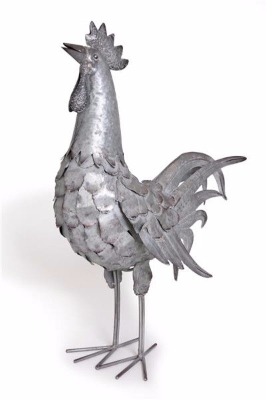 Silver metal Range Rooster ornament, 45x58cm, blends elegance and rustic charm for indoor and outdoor decor.