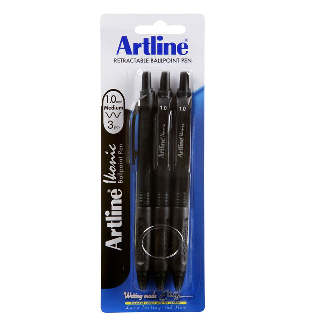 Artline Ikonic Bpp pen with retractable grip, medium black, designed for smooth writing and comfortable handling.