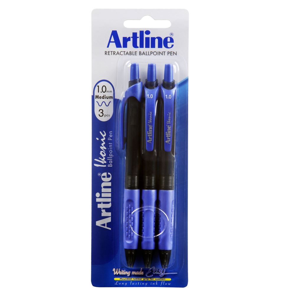 Artline Ikonic Bpp Retractable Grip Medium Blue pen, featuring ergonomic design and smooth writing with vivid blue ink.