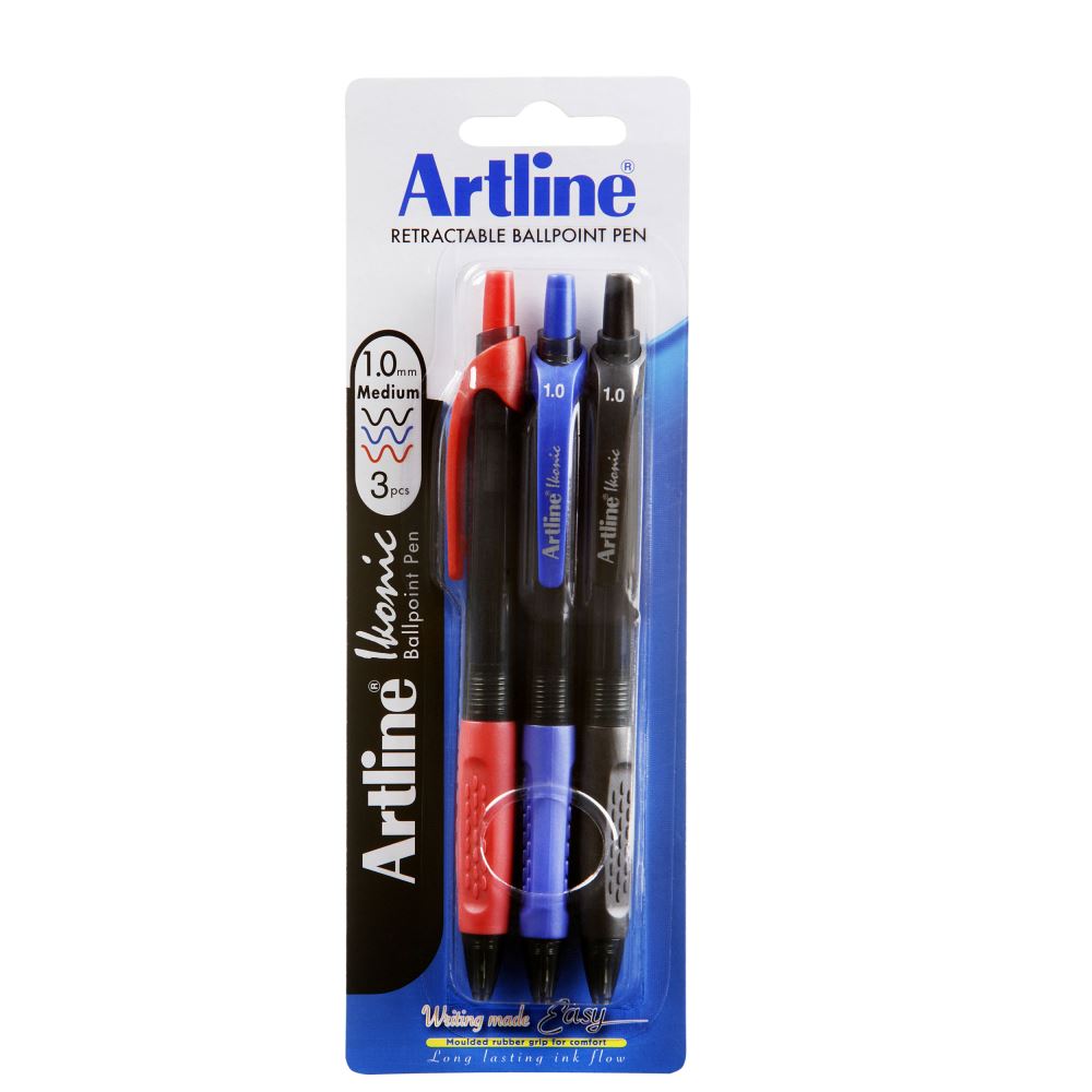 Artline Ikonic BPP pens with ergonomic grip, smooth tungsten carbide tip, available in assorted vibrant colors for versatile writing.