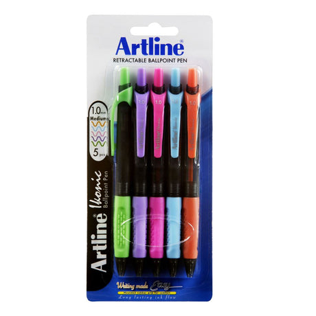 Vibrant Artline Ikonic Bpp pens featuring ergonomic design, retractable grip, and a smooth tungsten carbide ball for versatile writing.