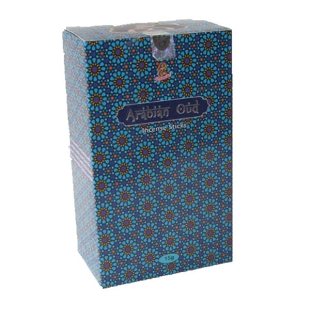 Kamini Arabian Oud incense box showcasing 15gm sticks, exuding a rich woody scent ideal for relaxation and meditation.