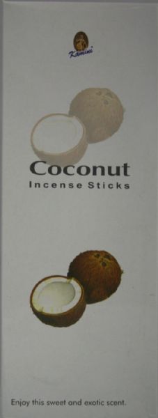 Kamini Coconut Incense sticks in a 20gm pack, releasing soothing coconut aroma for stress relief and tranquility.