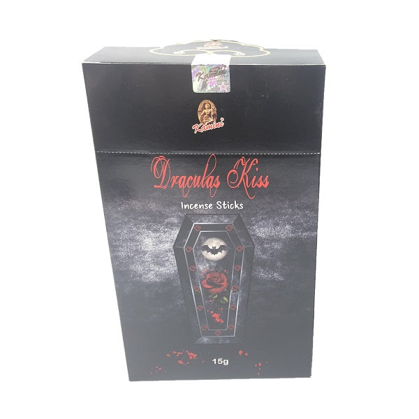 Kamini Dracula's Kiss incense sticks in a 15g box with dark, seductive fragrance ideal for meditation and creating ambiance.