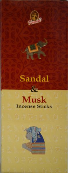 Kamini Sandal Musk incense box with 6 hexes of 20 sticks each, offering a calming sandalwood scent for relaxation and meditation.