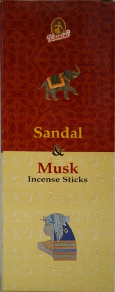 Kamini Sandal Musk Incense Sticks, 8gm pack, exuding soothing sandalwood aroma for relaxation and mindfulness practices.