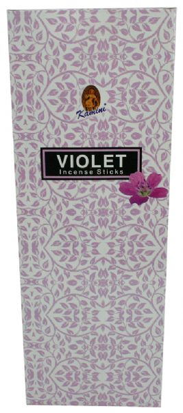 Kamini Violet Incense 20g box featuring 6 hexes of fragrant sticks, perfect for meditation and relaxation.