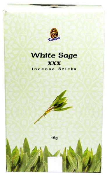 Kamini White Sage incense sticks in a 15gm box, promoting tranquility and purifying your space with earthy aroma.