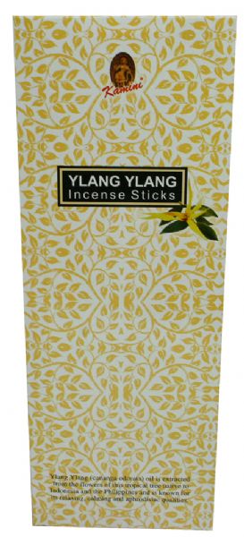 Kamini Ylang Ylang incense, 20g box with 6 hexes, offers a sweet floral aroma for relaxation and meditation.