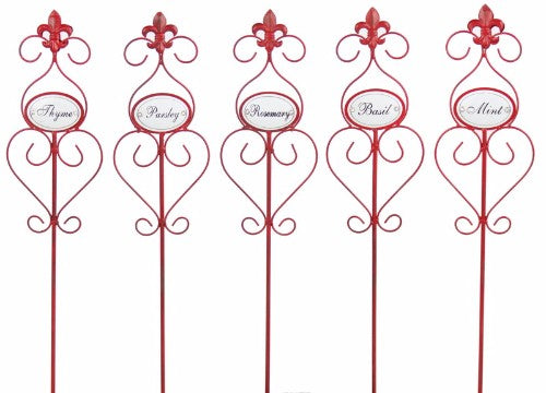 Vibrant red herb stakes set of 5 for labeling parsley, mint, basil, rosemary, and thyme in gardens or pots.