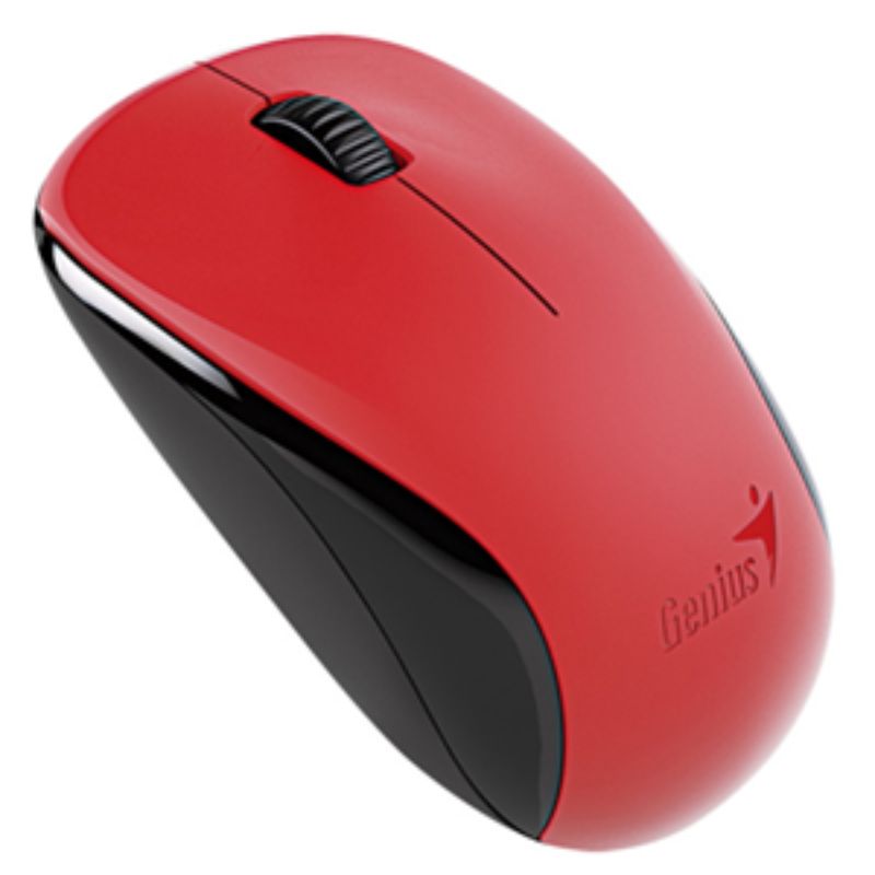 Sleek red wireless mouse with 1200dpi BlueEye technology, ambidextrous design, and compact storage for easy travel.