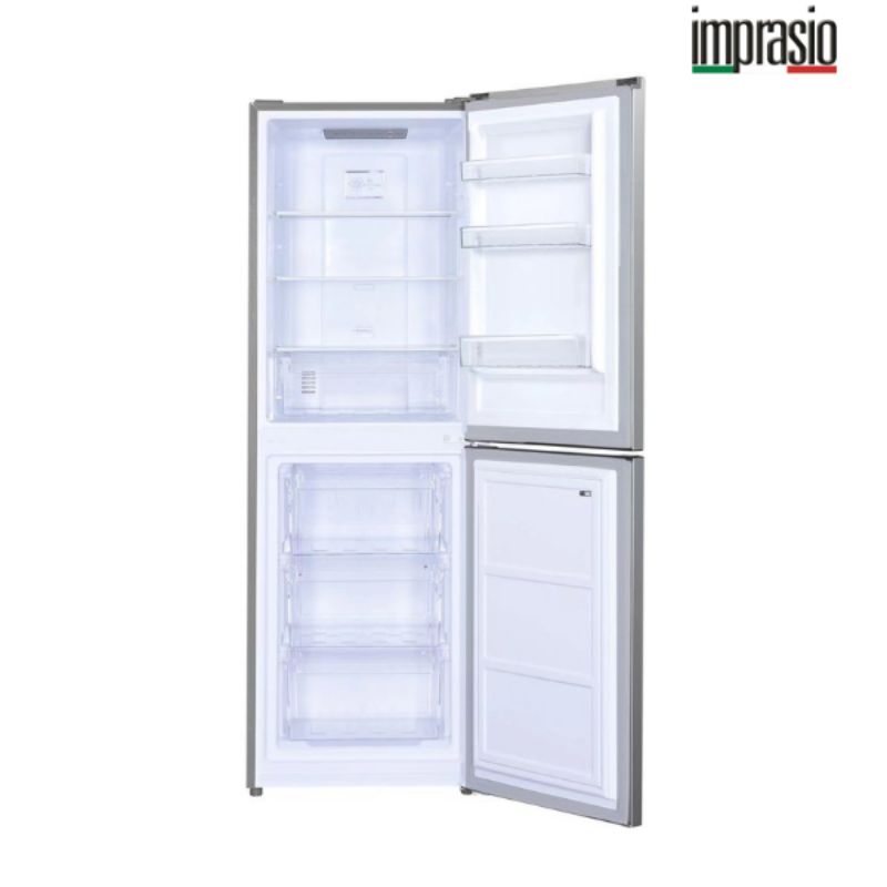 Midea Imprasio Stainless Steel Fridge Freezer (253L) with multi-airflow, no-frost design, LED lighting, and fast cooling.