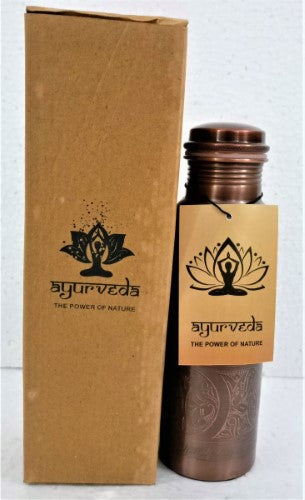 Handcrafted Ayurveda Copper Brown Art Bottle (750ml) enhances decor and purifies water for health benefits.