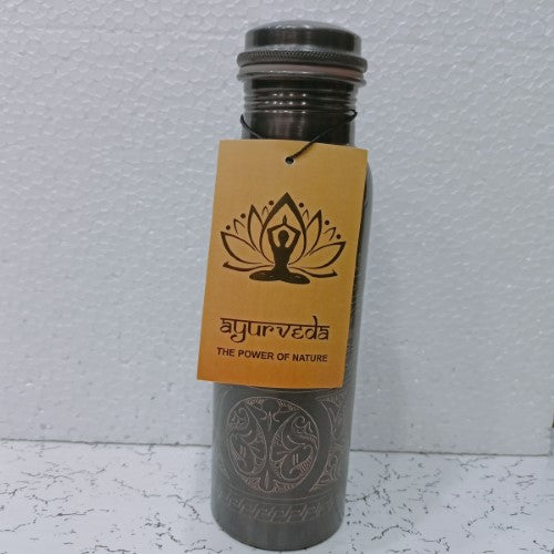 Handcrafted 750ml Ayurveda copper bottle with elegant black art, purifying and alkalizing water for health and style.