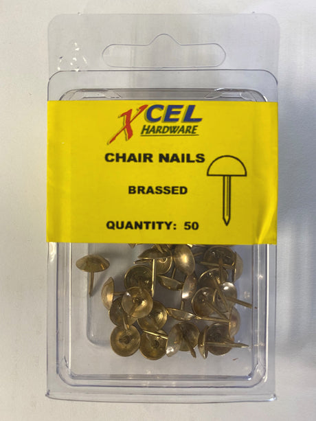 Brassed DIY chair nails (50) with 10.5 mm domed heads, ideal for securing upholstery and enhancing furniture elegance.