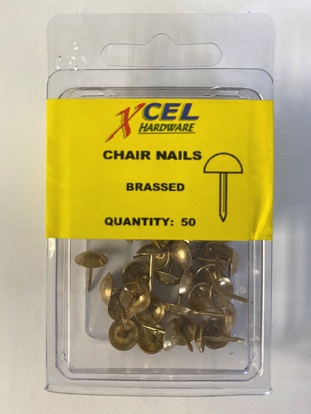 Brassed DIY chair nails (50) with 10.5 mm domed heads, ideal for securing upholstery and enhancing furniture elegance.