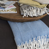 Cozy Moss Green throw blanket with basket weave design, made from 100% cotton, ideal for home decor and comfort.