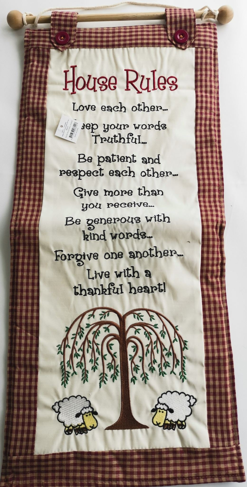 House Rules Wall Plaque in cloth, ideal home decor piece promoting family values and warmth in any living space.