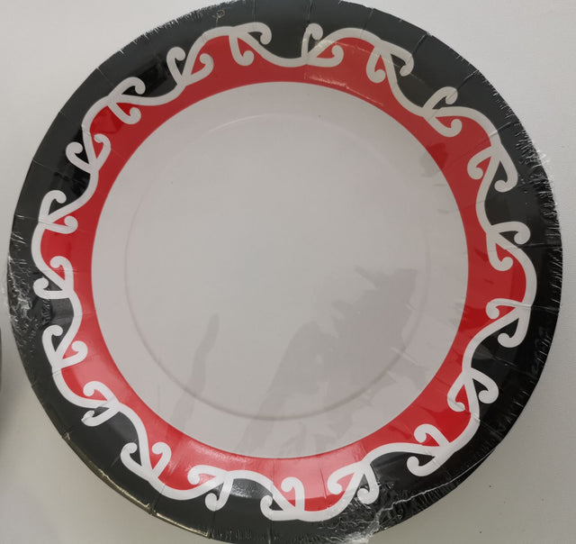 Stylish black and red disposable paper plates, set of 8, ideal for elegant parties and events, ensuring no spills.