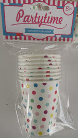 Charming set of 8 vintage-inspired polka dot paper cups, perfect for parties and celebrations.