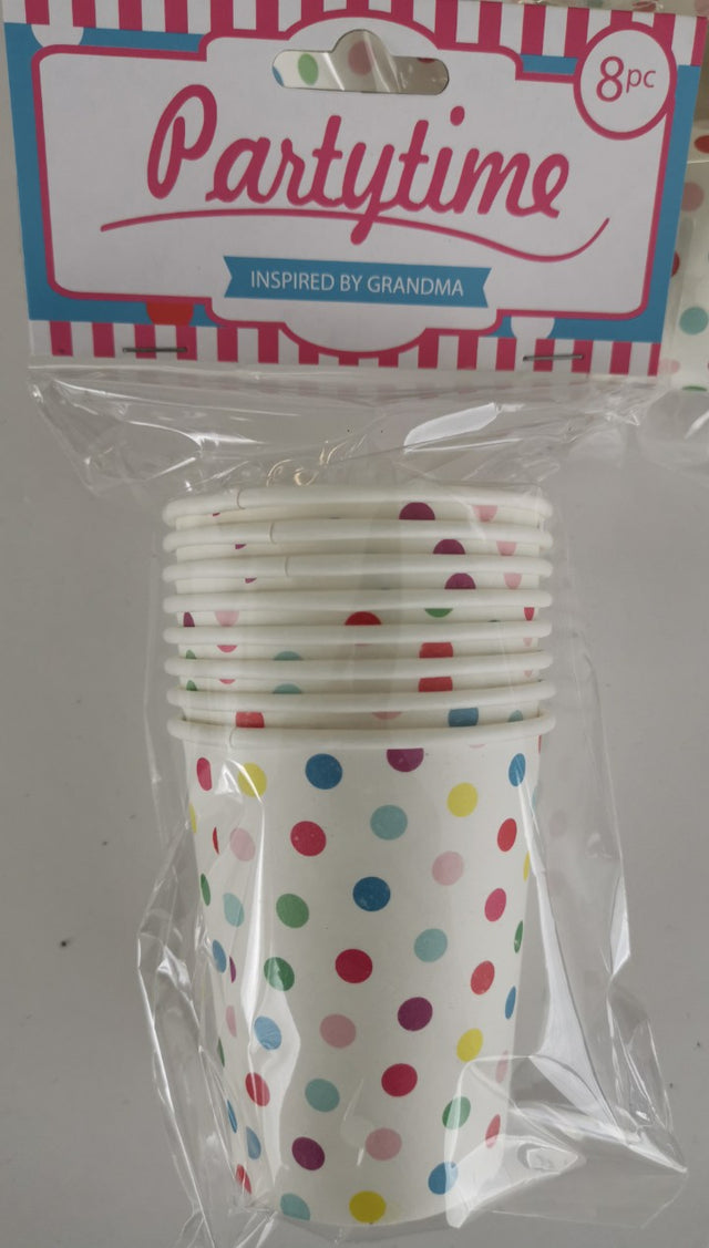 Charming set of 8 vintage-inspired polka dot paper cups, perfect for parties and celebrations.