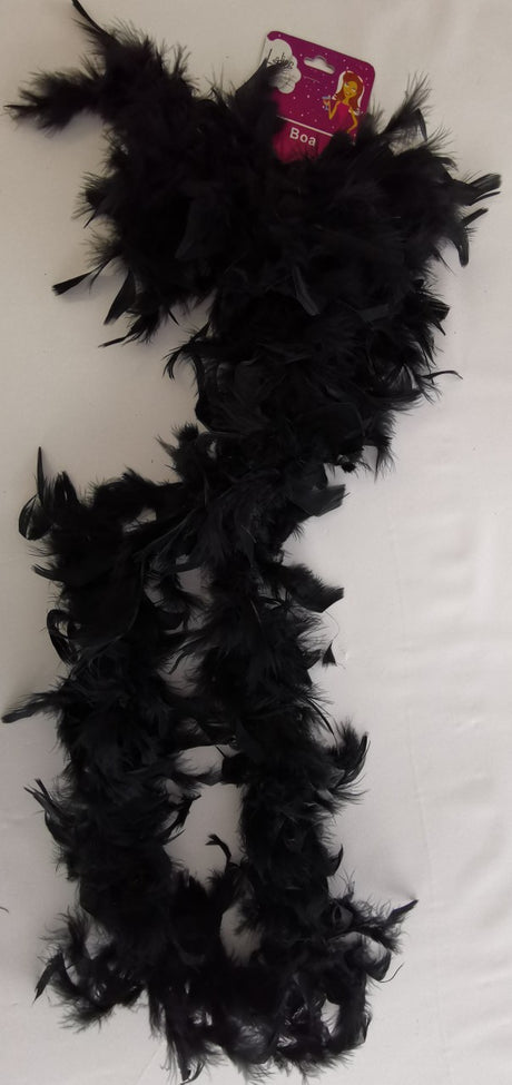Luxurious 2-yard black feather boa, perfect for themed parties and adding glamour to any outfit.