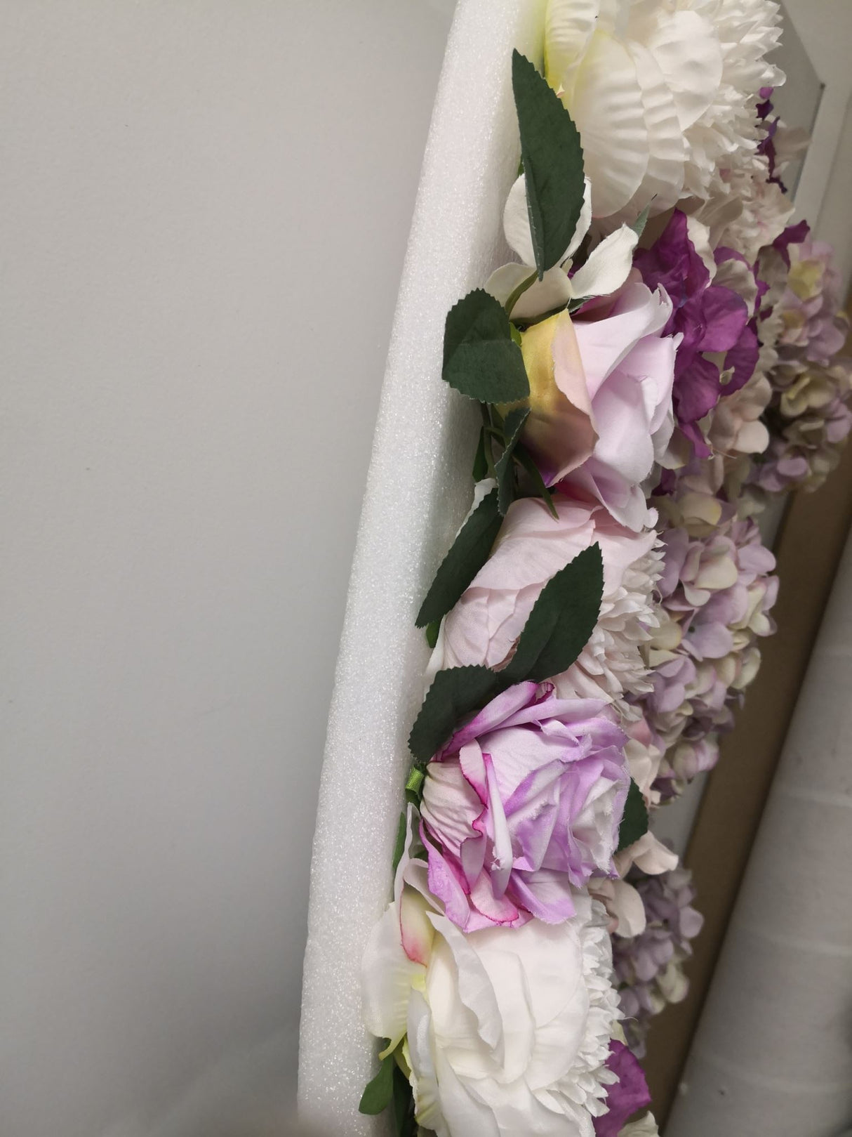 Mauve artificial flower wall panel, 50cm x 50cm, perfect for elegant decor and events, low maintenance and long-lasting.