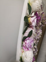 Mauve artificial flower wall panel, 50cm x 50cm, perfect for elegant decor and events, low maintenance and long-lasting.