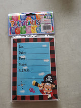 Colorful Pirate Party Invitations and Envelopes set, perfect for themed birthday parties and treasure hunts.