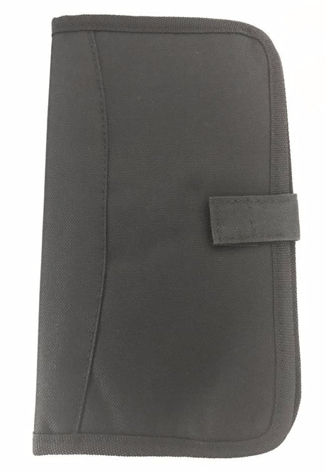 Black Travel Organiser and Passport Wallet featuring multiple compartments and a clear ID holder for secure travel.