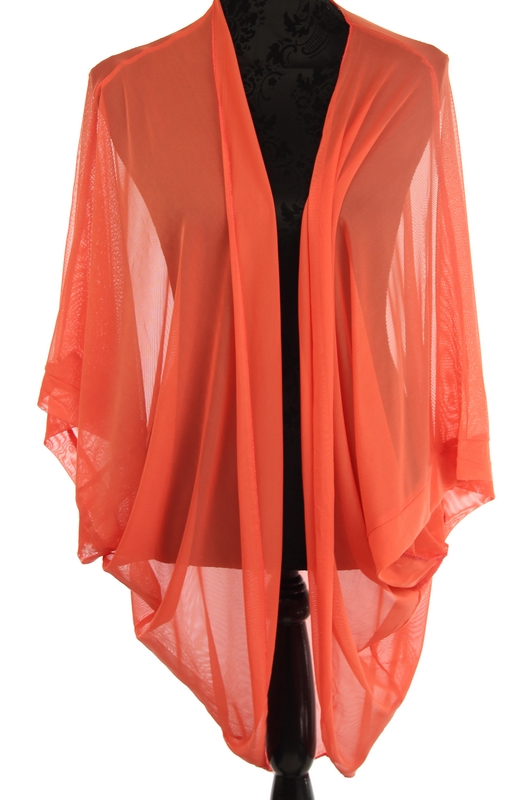 A vibrant watermelon sheer shrug cape, perfect for elegant layering with dresses or casual outfits, featuring a 90cm drop.